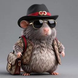fat anthropomorphic gangster rat wearing Gucci, wearing sunglasses and a hat, long fur, detailed, 3d render, 4k, pixar