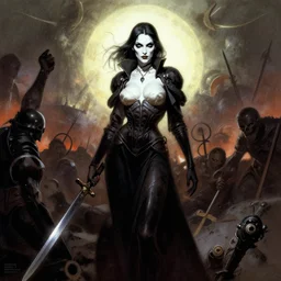 lady death by frank frazetta, dramatic lighting, stands amongst the reble of a battlefield