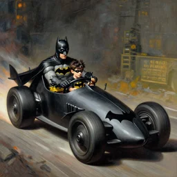 batman and robin driving the batmobile, painted by el greco