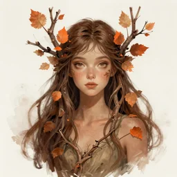 A beautiful digital painting of a Dryad with twigs, orange and brown leaves for hair, trending on artstation