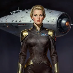 A full portrait of a scifi heavy deep space freighter pilot, by Raymond Swanland Greg Rutkowski Lise Deharm, {perfect face}, {perfect eyes}, elegant regal posture