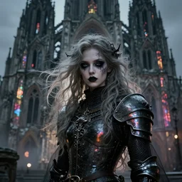 beautiful and gothic and victorian and evil and dieselpunk medieval black knight portrait girl + smoky eyes + light flowing hair, ultradetail face, ruined gothic cathedral, art and illustration by tian zi and wlop and alphonse mucha, ssci - fi, fantasy, neon lights reflect, intricate, fantasy character concept, blurry
