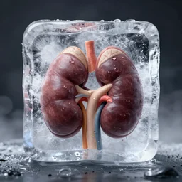 front view of a kidney inside an ice bloc, foggy