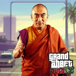dalai lama in Grand Theft Auto 5 cover art, epic, 4k resolution, extremely detailed, very sharp, artstation, digital art, vibrant,