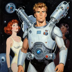 a painting of a man and two women in space, a storybook illustration by al feldstein, trending on tumblr, retrofuturism, future tech, futuristic, sci - fi