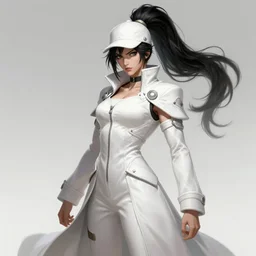 a highly detailed illustration of fierce tall amazon messy ponytail black haired one armed delinquent japanese woman wearing white cap wearing long white jacket with cape, muscular, intricate, elegant, highly detailed, centered, digital painting, artstation, concept art, smooth, sharp focus, league of legends concept art, wlop.