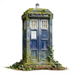 award winning photo of an ancient statue of a tardis covered in lichen surrounded by ivy