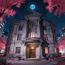 a beautiful photorealistic anime illustration of courthouse urbex architecture by alvaro siza ( alvaro siza vieira ), fisheye infrared nightsky alien tokyo tron at night, archdaily, wallpaper, highly detailed, trending on artstation.