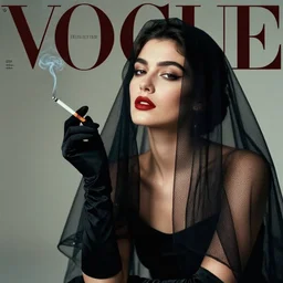 Beautiful girl in black veil and black gloves holding a lit cigarette in her hand. Expressed noir style, photo shoot, model posing, cigarette smoke, award winning, VOGUE, 35mm, masterpiece, portrait photo by Peter Lindbergh