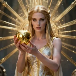 film still of eris, discordia, holding an reflective gold!!! metal apple, in the cell movie, goddess of chaos, god's rays highly detailed, fantasy character portrait, ultra realistic, wide angle, intricate details, mass effect, artifacts, luminous skies, highly detailed, by alphonse mucha