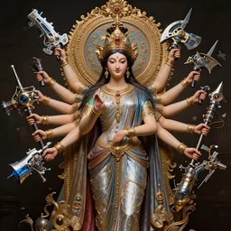 photo realistic six armed goddess holding futuristic weapons in each hand, by camille corot, third - person, f / 2 2, kinemacolor, rim lights, insanely detailed and intricate, hypermaximalist, elegant, ornate, hyper realistic, super detailed
