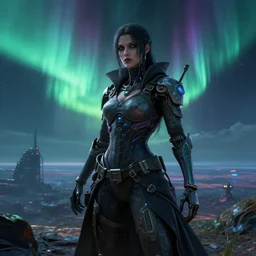 an epic grim hyperdetailed 3 d matte painting of a hallucinogenic cybernetically enhanced female cyberpunk sorcerer sniper on a distant sci - fi planet under dramatic aurora borealis by peter mohrbacher by jakub rozalski