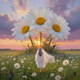 giant white daisy flowers over head veil, girl walking in a flower field, surreal photography, sunrise, dramatic light, impressionist painting, colorful clouds, digital painting, artstation, simon stalenhag
