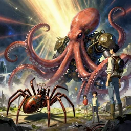 a steampunk spider and a gigantic robotic octopus by dan mumford, yusuke murata, makoto shinkai, ross tran, cosmic, heavenly, god rays, intricate detail, cinematic, cel shaded, unreal engine, featured on artstation, pixiv