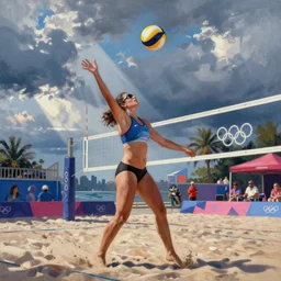 a painting of Alexandria Ocasio-Cortez playing beach volleyball in the olympics