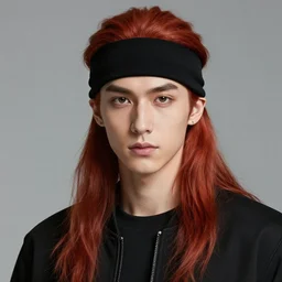 professional digital art of a fashionable young man with long red hair and a black sweatband, high quality, highly detailed, HD, 8K