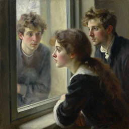 a girl watching through a window, oil on canvas, artstation, by j. c. leyendecker and edmund blair leighton and charlie bowater, beautiful face, octane, very aesthetic!!!!!!!!!!!!!!!