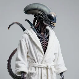 xenomorph, wearing bathrobe