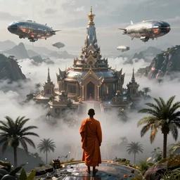 a single buddhist monk with an orange robe silhouette, cyberpunk 2 0 7 7, high camera angle, mystic atmosphere, a detailed metallic temple on a misty mountain, shiny metallic airships with reflections, high detailed palm trees, volumetric fog, perspective painting, atmospheric shot, cinematic establishing shot, high detail digital painting, in the style of brian despain, dystopian, unreal engine, maya