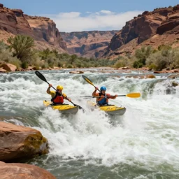 a pair of kayakers shoot the rapids in the Colorado river, crashing waves, matte painting, wide shot, photorealistic, 4k