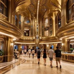 a busy crowd walking through the hallway on the atlantis paradise, a retro futuristic spaceship made of brass bronze gold, art deco influence, hotel style design. bioshock, starship titanic. open design, front desk. staff working and guests checking in. clean, well composed painting by artgerm and greg rutkowski