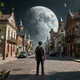 Slavic citizen on a street of a future Polish Moon city, 4k, Unreal Engine, hyperrealistic, Flickr, by Maciej Kuciara, deep colors, immense detail