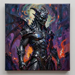 A molten gargoyle cloaked in obsidian, intricate style, male, in Dark background, vibrant color, placed in a apocalyptic background, painting in the style of Rembrandt, brushstrokes, canvas texture, cinematic, vfx, octane render, artstation, deviantart, 8k