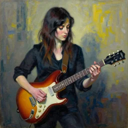 Anna Calvi playing electric guitar, oil painting by Pablo Picasso