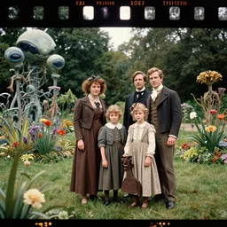 sharp, highly detailed, 650536k film, 700000mm film still from a sci fi blockbuster color movie made in 2019, set in 1860, of a family standing in a park, next to some strange alien plants and flowers, on an alien planet, the family are all wearing 1860s era clothes, good lighting, good photography, in focus, 35mm macro lens