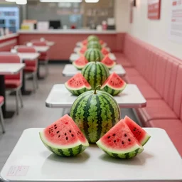 2 0 1 2 watermelon diner, tables repeat endlessly into the horizon, y 2 k cybercore cutecore fruitcore, one point perspective, americana photodiary