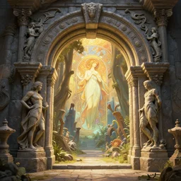 a sculpted stone archway, stephen bliss, unreal engine, fantasy art by greg rutkowski, loish, rhads, ferdinand knab, makoto shinkai and lois van baarle, ilya kuvshinov, rossdraws, tom bagshaw, alphonse mucha, global illumination, radiant light, detailed and intricate environment