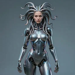 a cyberpunk half length portrait of cyborg medusa, by paul lehr, jesper ejsing