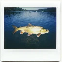 old polaroid of a giant fish in the lake