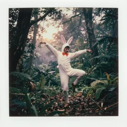 1960!! epic pose!!! Whimsical dancing man in bunny suit , in deep forest jungle , full body , Cinematic focus, Polaroid photo, vintage , neutral dull colors, soft lights, foggy sunset , by oleg oprisco , by national archives, by discovery channel, by victor enrich , by gregory crewdson