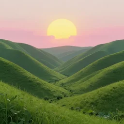 lush green valley pink clouds backlit by yellow sun, nostalgic, calming, aesthetic, volumetric fog, godrays, high contrast, high contrast, high contrast, vibrant colors, vivid colors, high saturation, by Greg Rutkowski and Jesper Ejsing and Raymond Swanland and alena aenami, featured on artstation, wide angle, vertical orientation