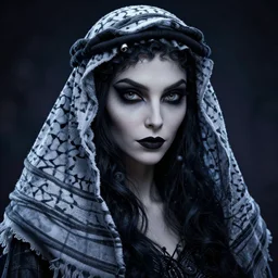 curled perspective digital art of a dark hair woman wearing arab kafiya by anton fadeev from nightmare before christmas