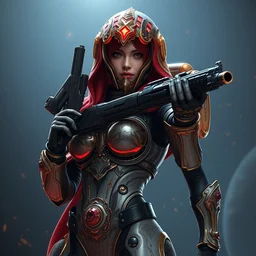 sexy fighter ornate feminine cyborg in full body skin space suit, arab belt helmet, concept art, joshua rife, gun, intricate, highlydetailed, space background, artstation 4 k raytracing, shadows, highlights, illumination