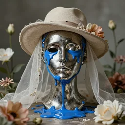 a head made out of metal and glass melting, neutral palette, it is wearing a hat and a veil, there are flowers all around it, blue paint melting, vogue cover style, depth of field, greg rutkowski style