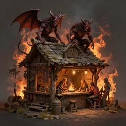 concept art, a beautyful highly detailed small medieval water tavern, demons, inferno, ancient, realistic shaded lighting poster by ilya kuvshinov, magali villeneuve, artgerm, jeremy lipkin and michael garmash and rob rey