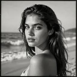 a black and white photograph of a beautiful woman on the beach, realistic, vintage, antiqued look, grainy film