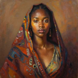 detailed portrait in daring femininity, southern ethnic, statuesque, confident realistic face, warm glow, bathed in morning light, chiaroscuro, painterly, radiosity, impressionism, textiles color medley, warm earthy natural color scheme with contrasting highlights, modern fashion, contemporary art, deep rich hues, oil on canvas