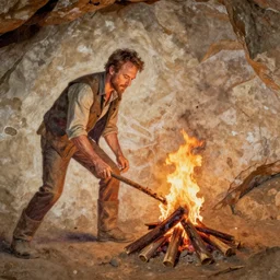cave painting of bryan cranston making fire with a stick pile