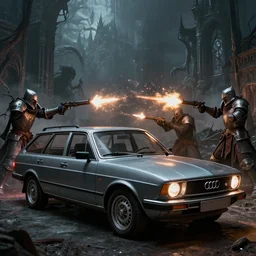 Armored Audi 80 B3 Avant (1988), Dark Souls 3, Eldritch Horrors, Wretched and Corrupted Knights, Heavy Battle, Fight, Car vs Knight, gunshots fired, a grim fantasy, Anor Londo, dramatic lighting, cinematic, establishing shot, extremely high detail, photorealistic, cinematic lighting, artstation, by simon stalenhag