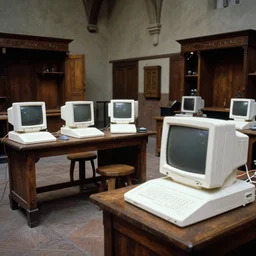 realistic documentary photo of a medieval interior with wooden furniture and sci - fi computers made of white plastic 1 9 9 0, life magazine reportage photo, metropolitan museum photo