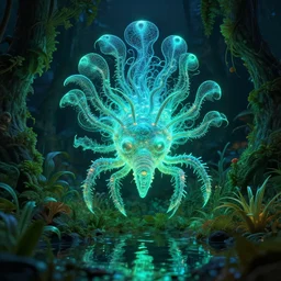 bioluminescent creature in a lush trunda vegetation, water reflection, night, backlit, bioluminescent bioluminescent bioluminescent : : by michal karcz, daniel merriam, victo ngai and guillermo del toro : : ornate, dynamic, particulate, intricate, elegant, highly detailed, centered, artstation, smooth, sharp focus, octane render, 3 d