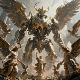 God's Angels and Cherubs in a war against a collosal futuristic machine,  realistic 4k octane beautifully detailed render, 4k post-processing, highly detailed, intricate complexity, epic composition, magical atmosphere, cinematic lighting, masterpiece, ultra hd