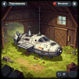 next to a old small spaceship that needs repairs, inside a barn, in a remote outpost, from a point and click 2 d graphic adventure game, art inspired by [ thomas kinkade ] and [ mark keathley ]