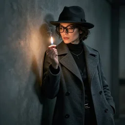 noir female detective in a gray coat, hat and black glasses leans against the wall and lights up, render, unreal engine 5