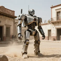 a mech standing in the street of dusty Mexican town.