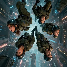 down view soldiers falling into a cyberpunk city one that looks like jessica alba detailed faces, realistic faces, photo realism, futurism